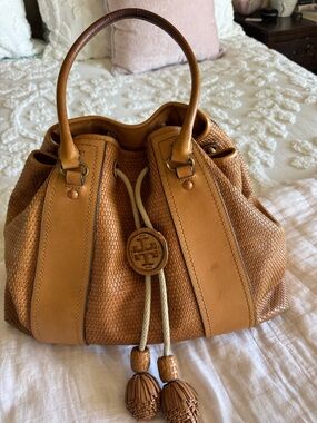 Tory Burch Tan Woven Leather Drawstring Shoulder Bag